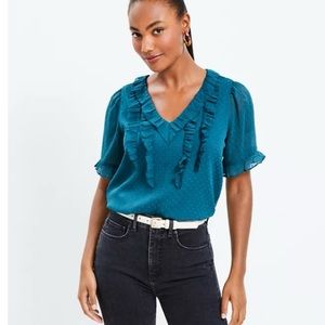 NWT LOFT TEAL SHADOW CLIP RUFFLE V NECK TOP